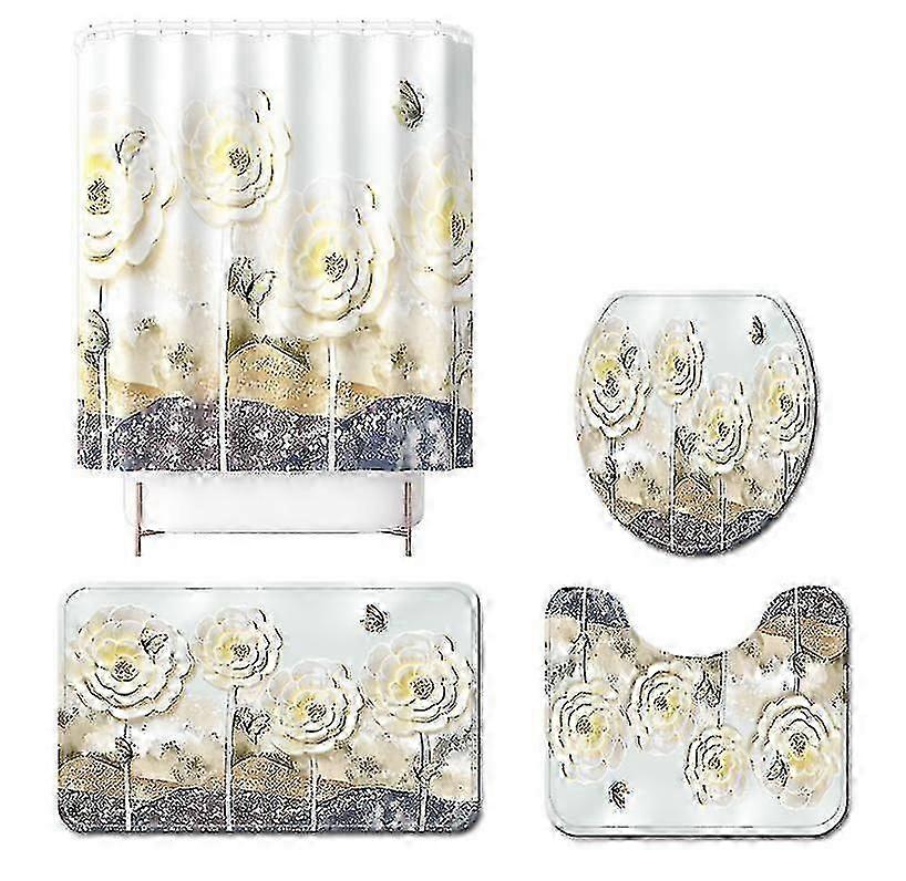 4pcs Painted And Printed Floor Mats With Embossed Plum Blossom Polyester Shower Curtain