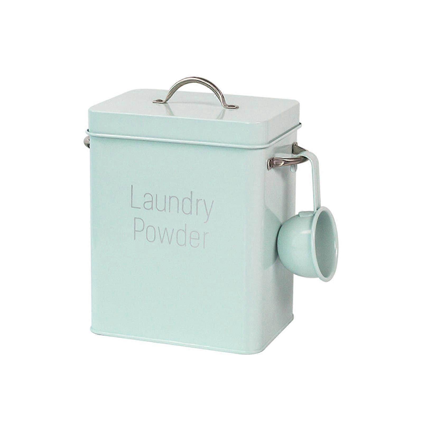 Laundry Powder Storage Tin 4 Litre Light Green Vintage Design Container with Lid and Scoop for Home Use