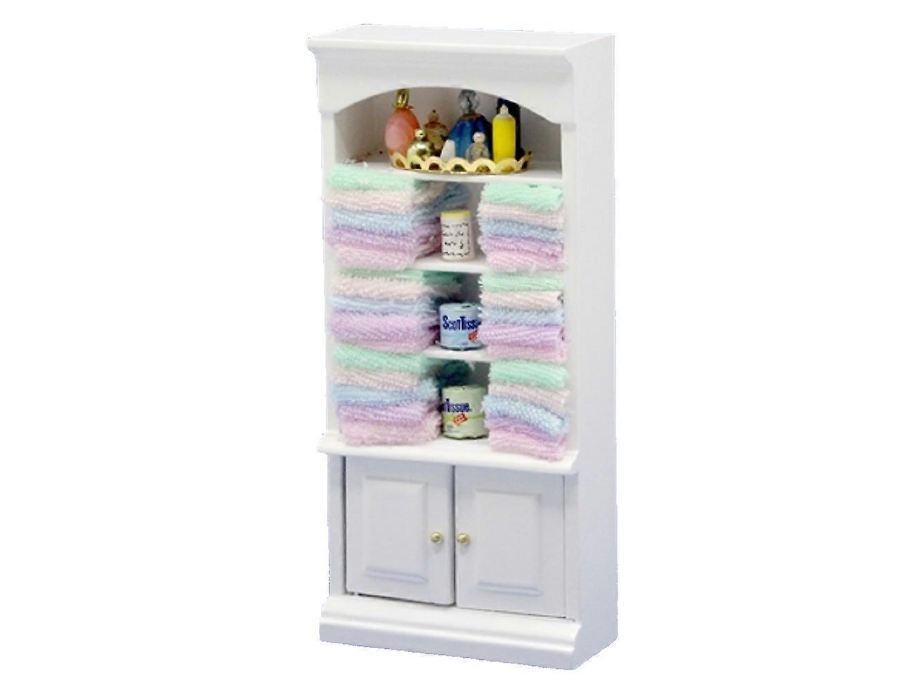 娃娃屋白色架子单元和柔和配件微型浴室家具