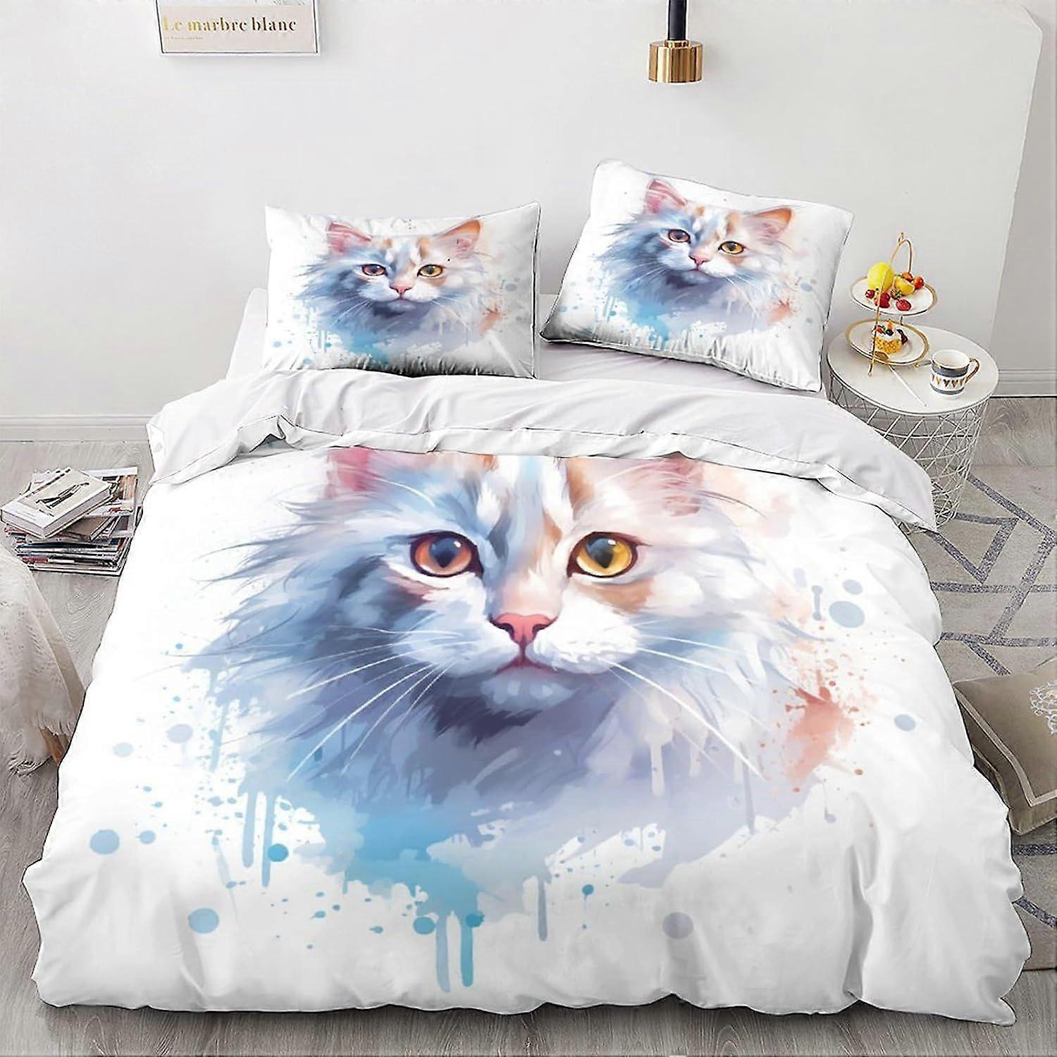 LikeEj Katt Sängkläder För Flickor Pojkar Djurmönster Täcke Överkast Sängöverkast 3 Piece Söt Kitty Påslakan Set för Säng King