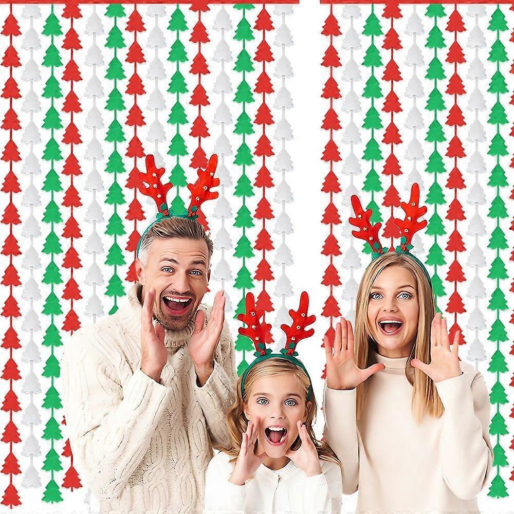 2PCS Christmas Party Decorations Shiny Red Silver Green Tree Tinsel Fringe Curtains, 3.36.6ft Tree Pattern Streamer Backdrop for Xmas Party, Holiday H