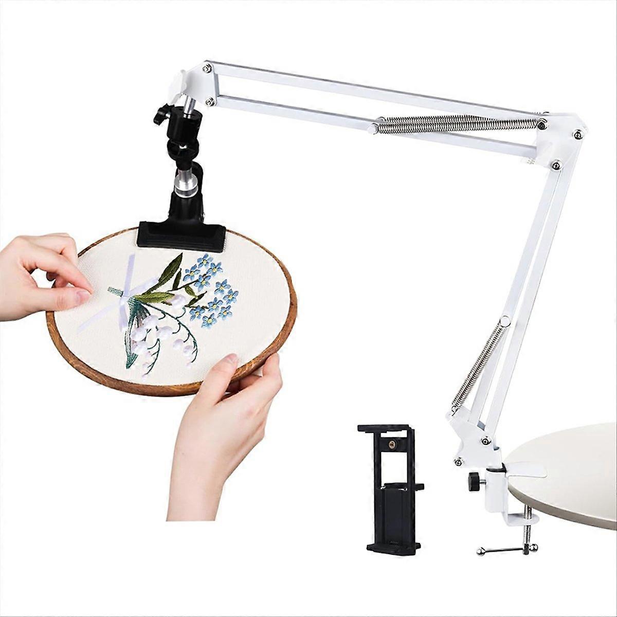 Adjustable Embroidery Hoop Holder for Handwork, 360° Rotatable, White