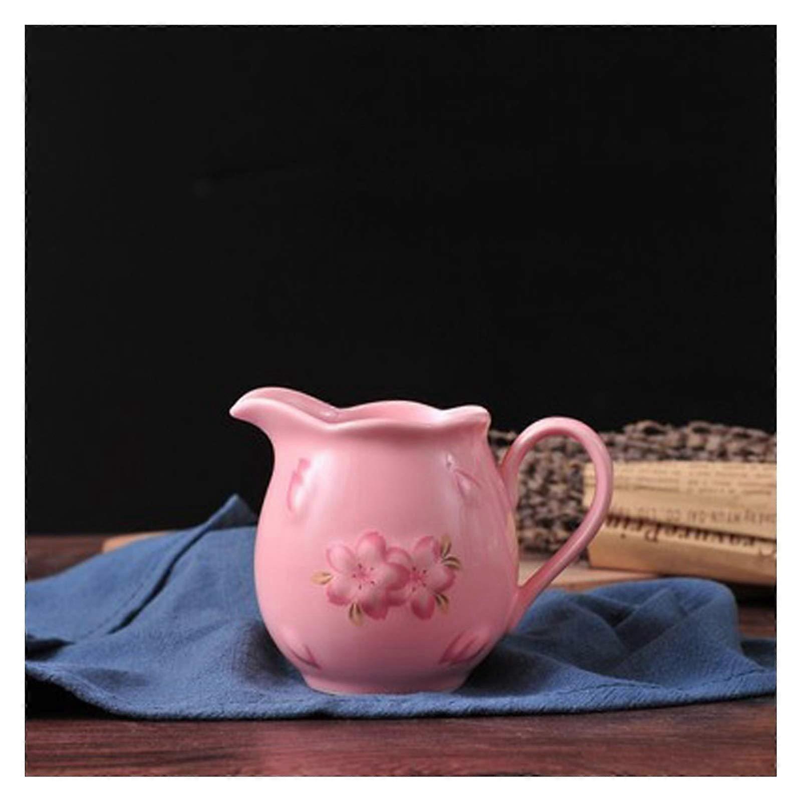 Pink Ceramic Creamer Pitcher 220ml with Matching Saucer, Small Milk Jug for Home Serving