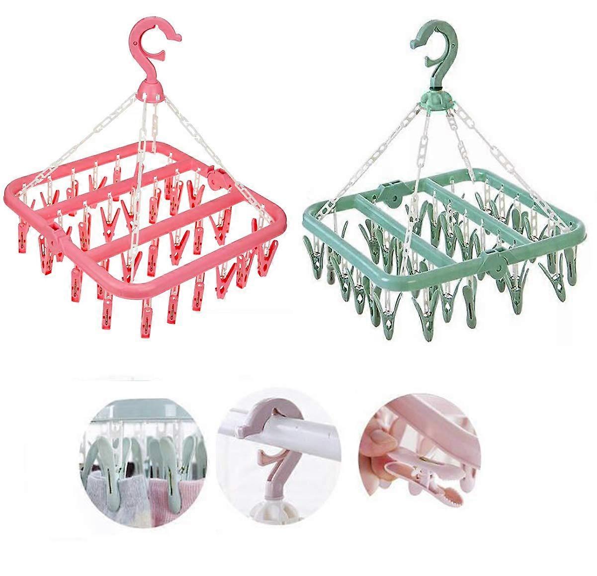 Clothes Drying Hanger with 32 Clips and Drip Foldable Hanging Rack (Light Green)