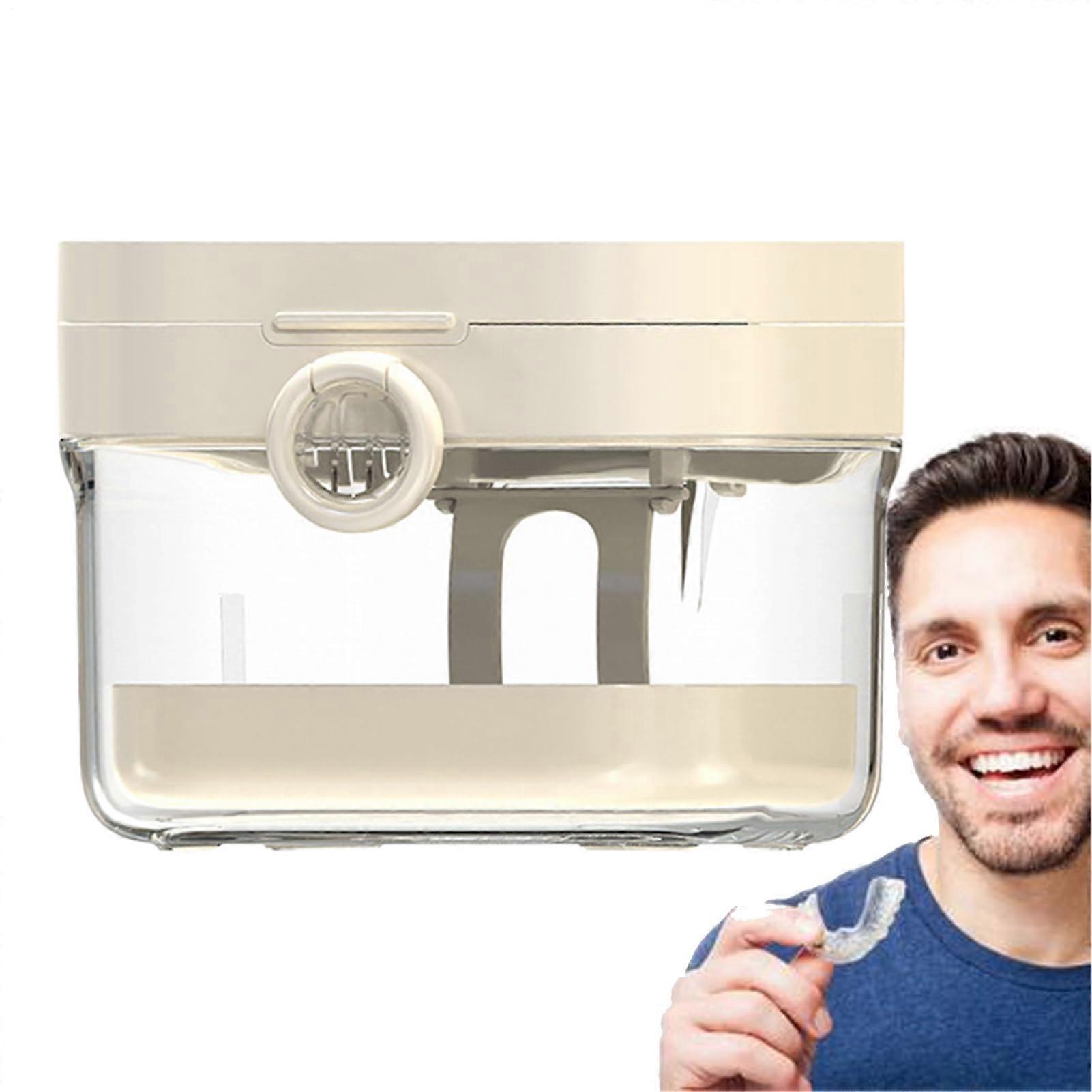 Denture Bath Case with Mirror for Deep Cleaning, Travel Cleaning Box with Tool Compartments White