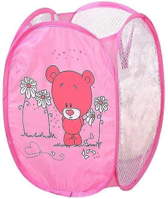 Foldable Laundry Hamper with Mesh Sides and Bear Pattern Toy Storage Basket for Kids Pink