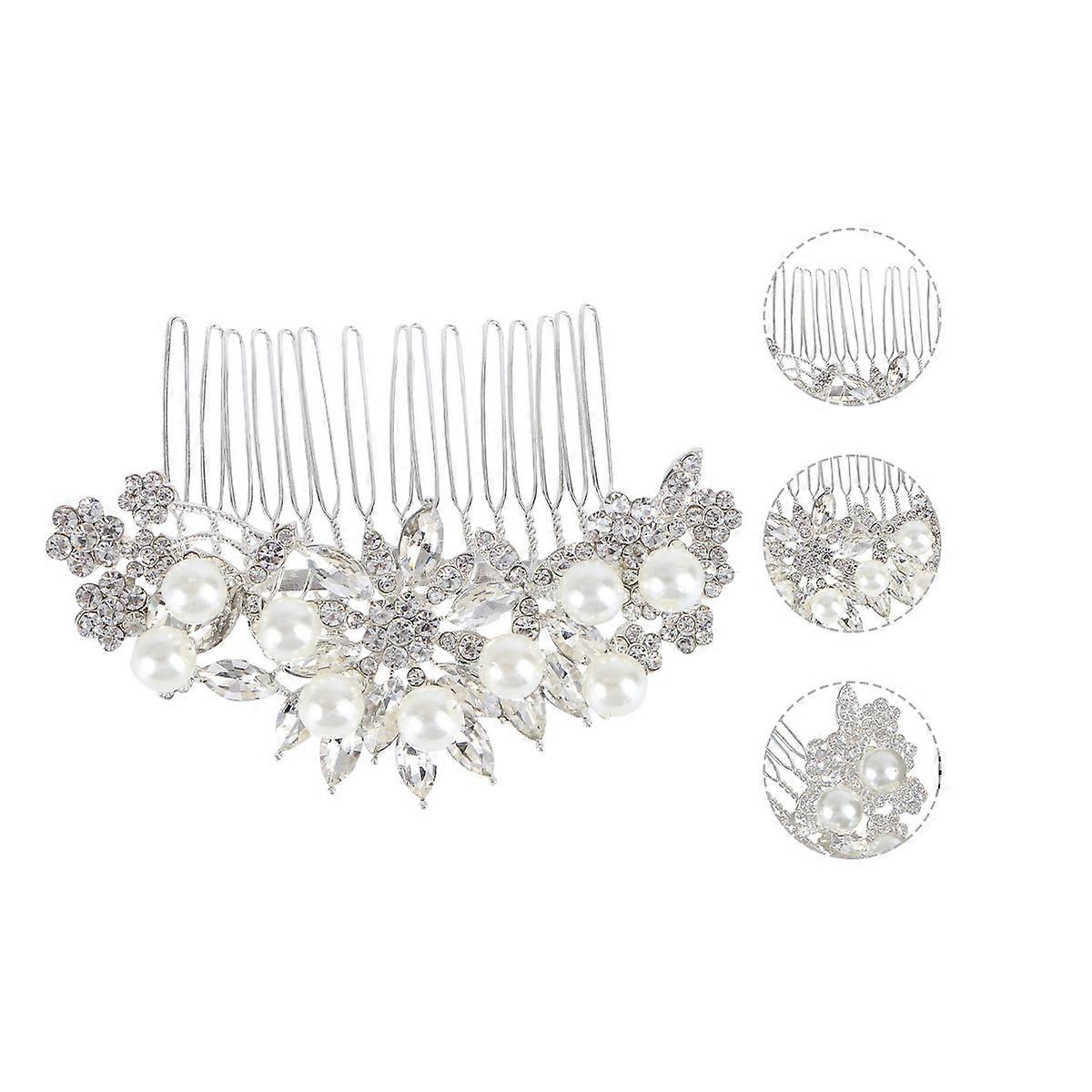 Pente de cabelo para noiva com pérolas simuladas e cristais, elegante e prateado.
