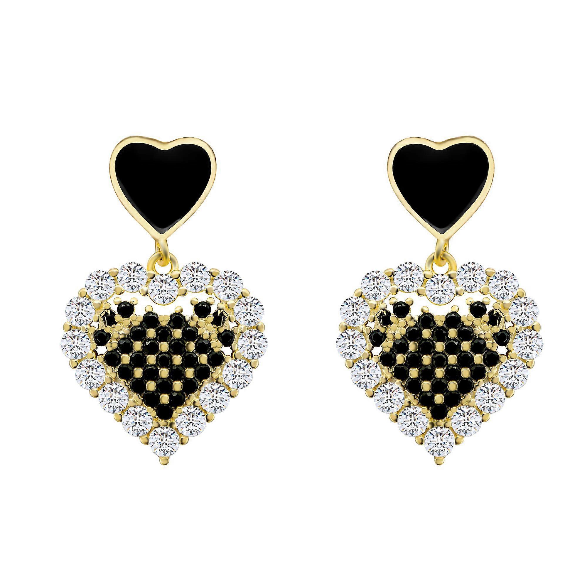 Jewelco London 14k Gold-plated Silver Black Round Brilliant CZ Love Hearts Drop Earrings