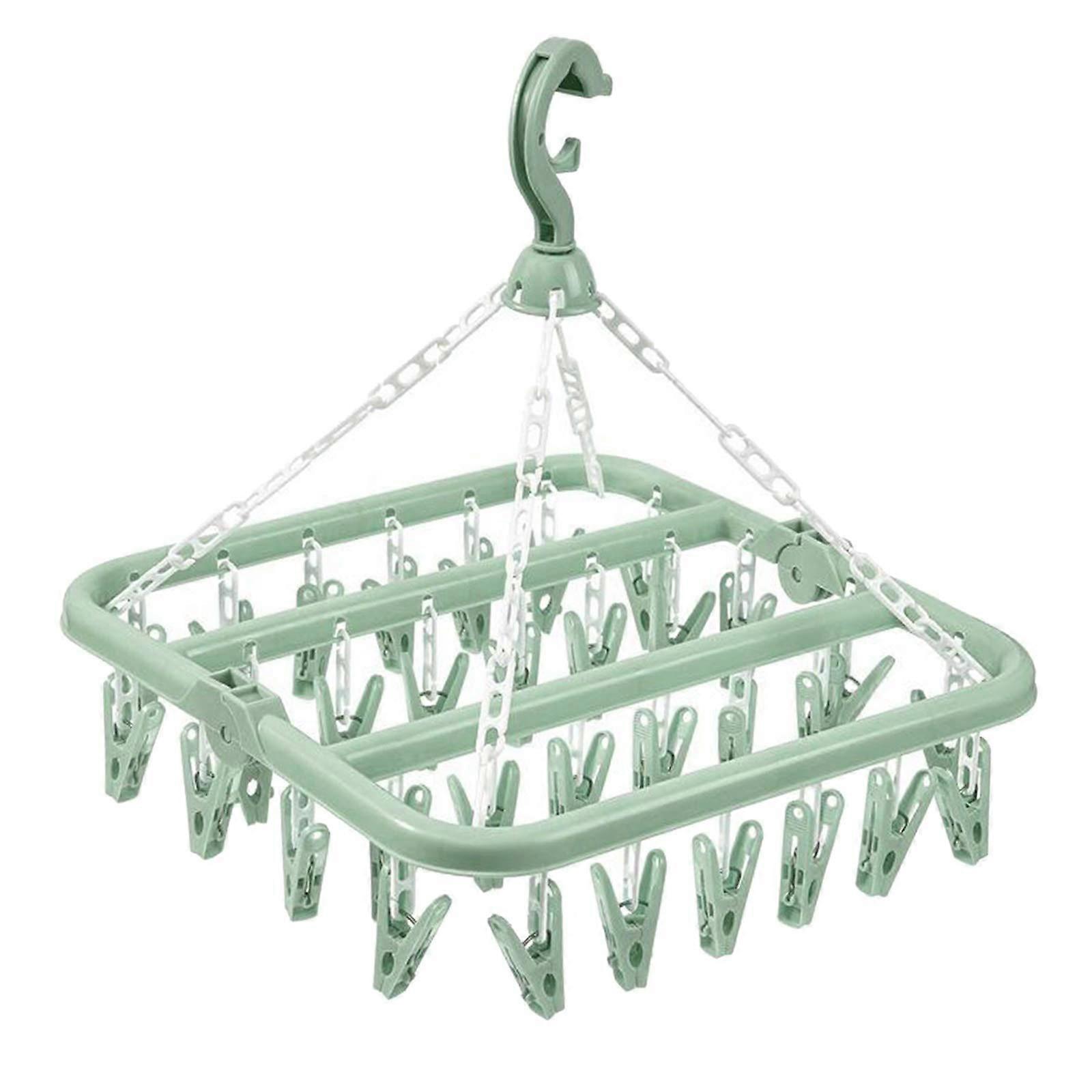 Clothes Drying Rack Foldable Windproof 32 Pegs for Socks and Underwear Green