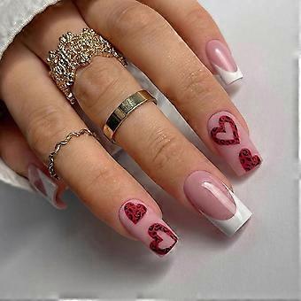 24PCS Press on Nails - White French Square False Nails with Red Love - Full Cover Acrylic False Nails with Glue - Fake Nails Stick on Nails
