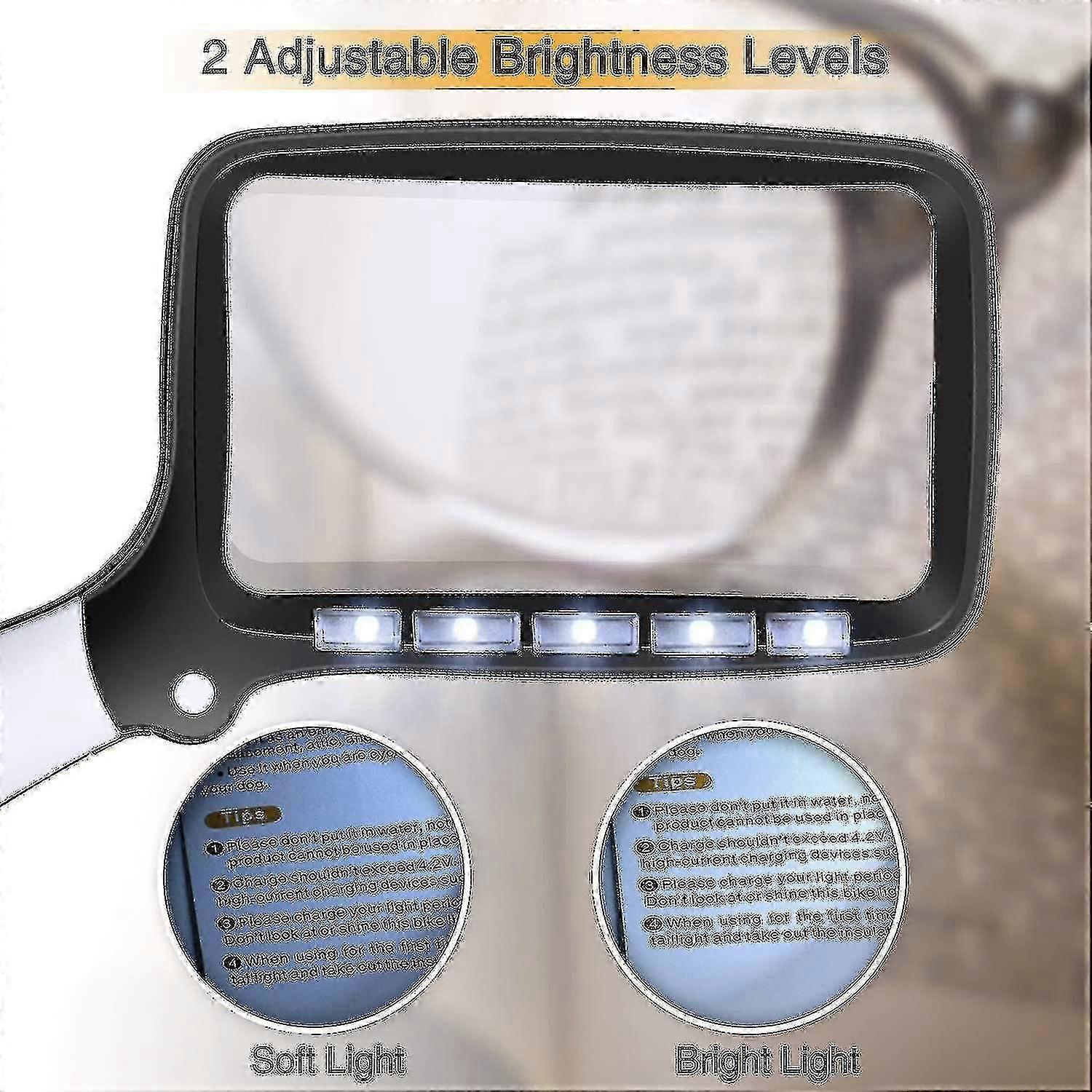Rectangular Reading Magnifier With 5 Led Lights, 2 Intensity Modes And 2x Magnification For Elderly