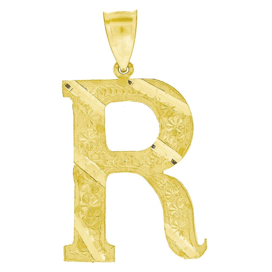 K10イエローゴールドユニセックススパークルカットイニシャルレターRチャームペンダントネックレス女性用46.9x26.10mmワイドペンダント