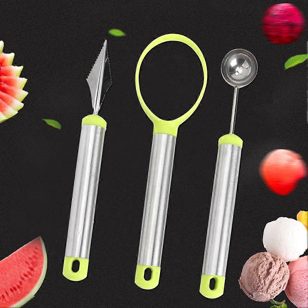 3pcs Multi Function Fruit Carving Device Watermelon Scoop Melon Digger Fruit Pulp Core Removal Tool(3pcs Set GreenSilver)