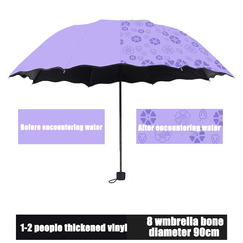 Ladies Portable Umbrellas Windproof 3-Folding Blossoms in Water Changes Color Anti-UV Sun/Rain