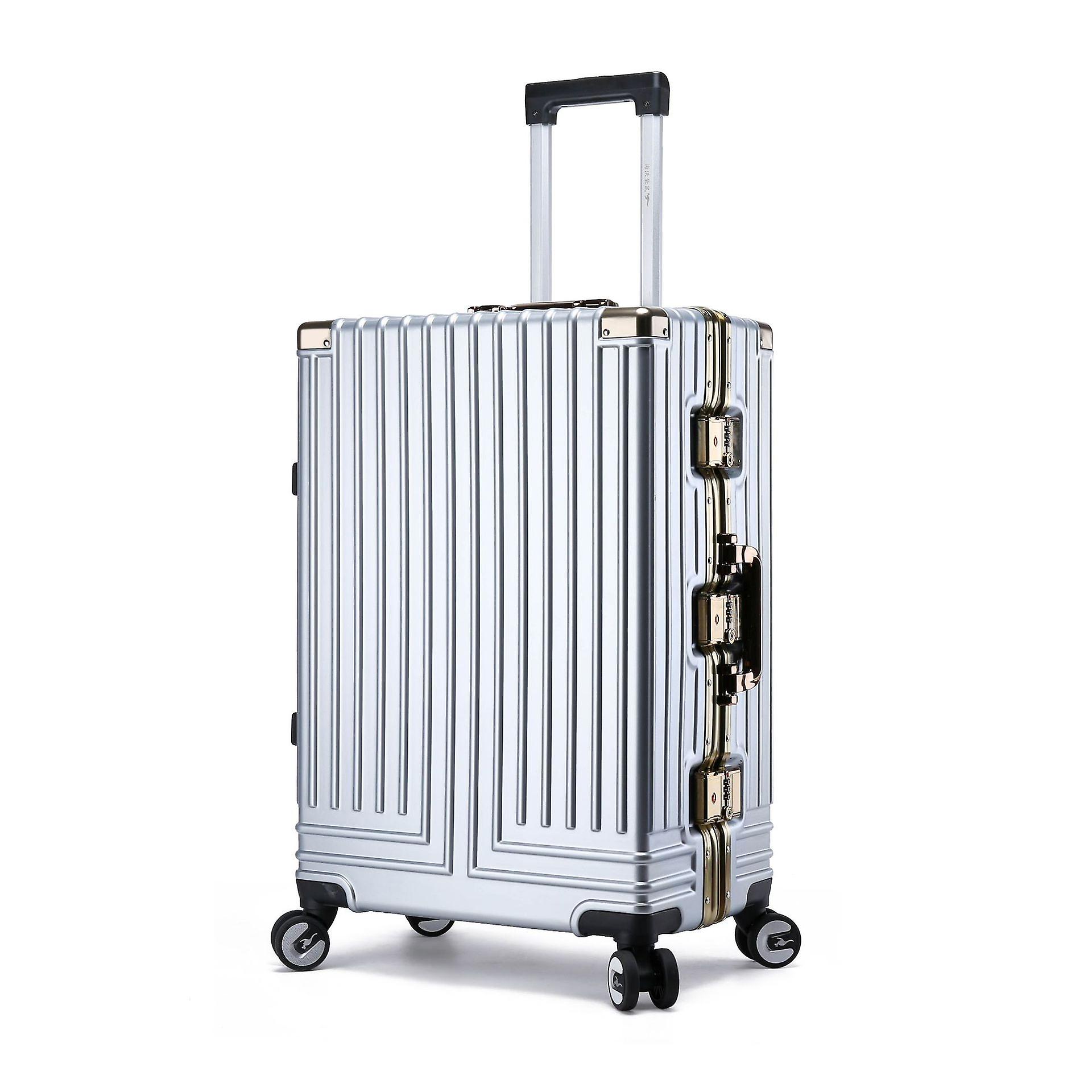 Redkid Große Reisetasche mit stummen Rädern Zahlenschloss Herren Business Trolley Gepäcktasche Aluminiumrahmen PC Rollkoffer Silber 22 inch