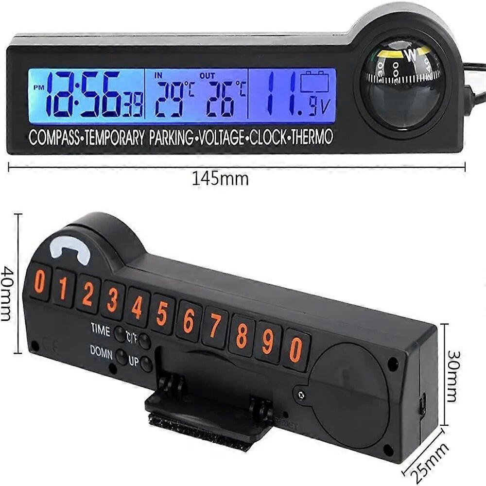 5 in 1 Clock Calendar Compass Thermomete Car Temporary parking card Multi~Function LCD Display Screen Voltage Tester 12V FN9U3809
