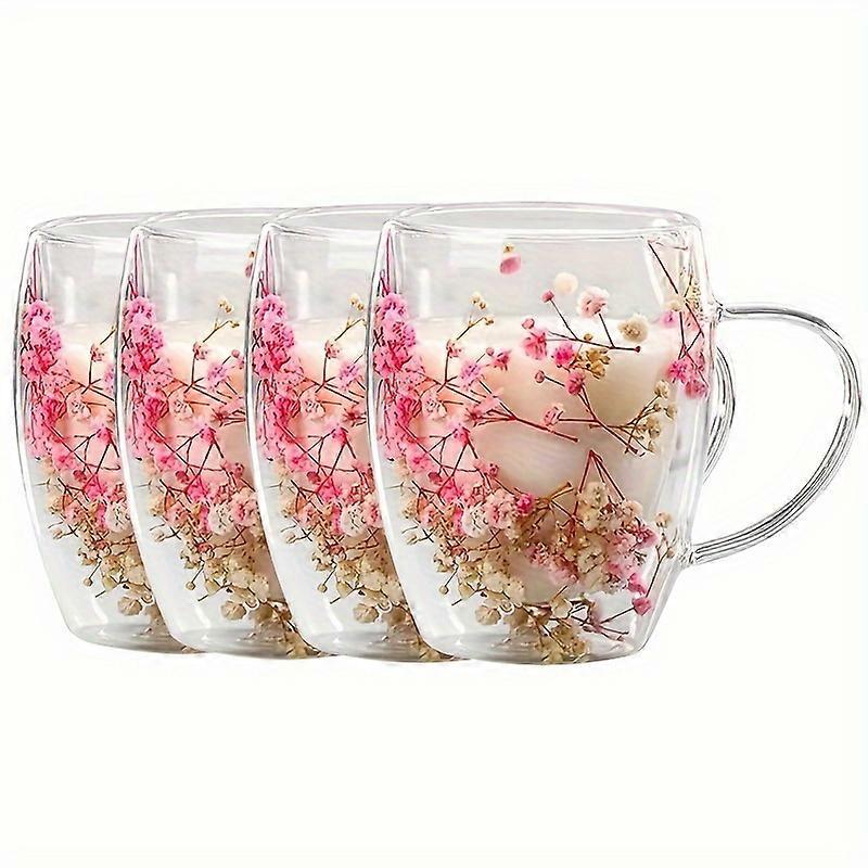 "Artisan Crafted" Set Of 4 Dried Flower Glass Coffee Mugs, 11.83Oz Double-Walled Espresso Cups - Insulated For Hot And Cold Drinks, Reusable & Eco-Fri