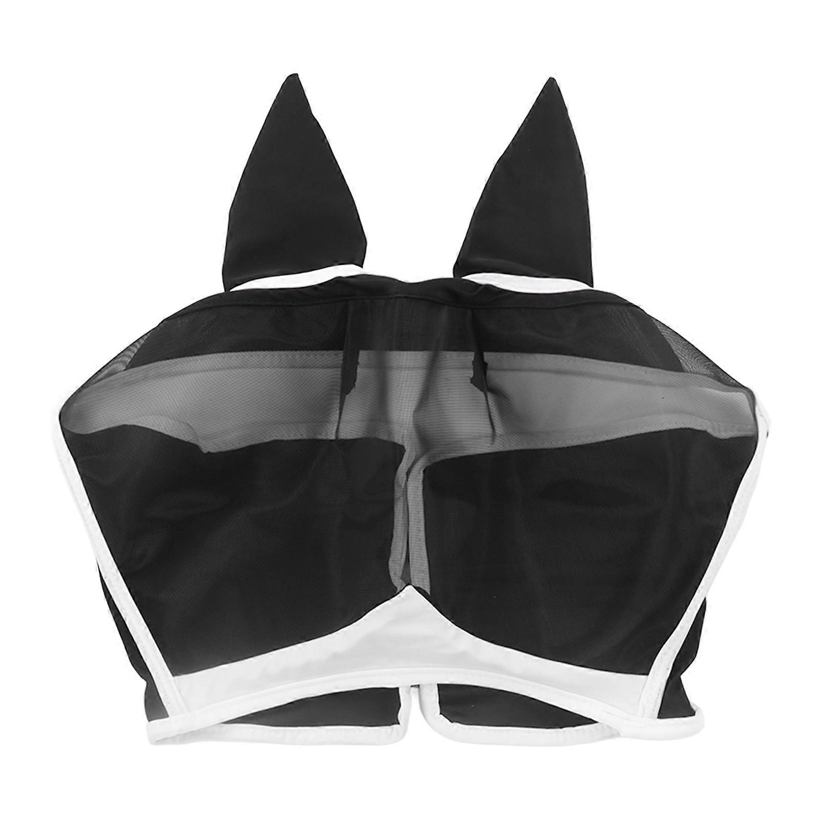 Horse Fly Mask Soft Breathable Elastic Knitted Fabric Anti Mosquito Anti Fly Horse Mask With Ears For Horse Face Ears Hook And Loop, Large Black