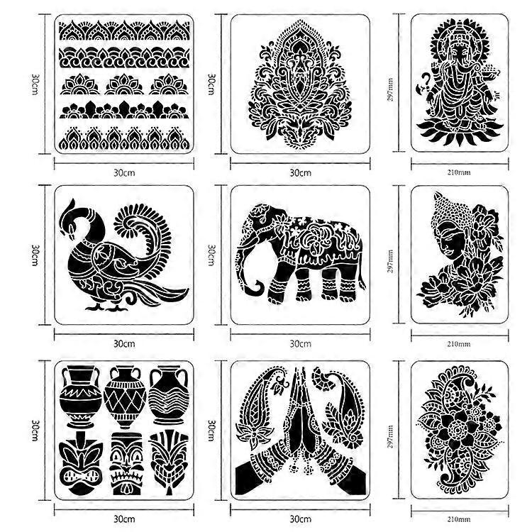 9PCS Indian Religious Theme Pattern Decoration Template Reusable PET Plastic Stencil