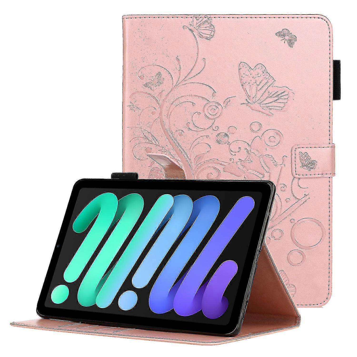 Imprinting Butterfly Flower Pattern Pu Leather Tablet Stand Cover Wallet Case For Ipad Mini (2021) - Rose Gold