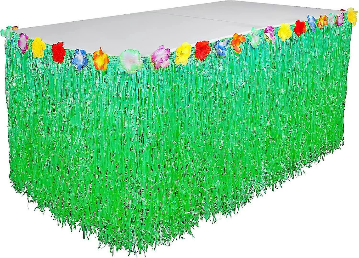 Suxm 276x60cm Hawaiian Table Skirt With Colorful Fake Flower Self-adhesive Tropical Style Table Grass Skirt For Outdoor Barbecue Party Summer Garden