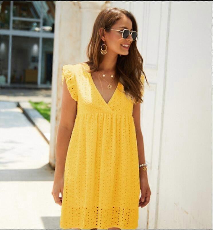 chinese dress ladies Strapless Yellow Hollow Heart Lace Short Dress  Ohmollydress