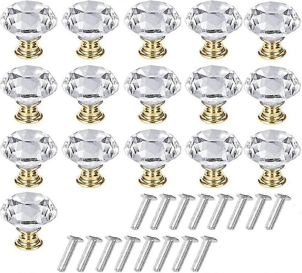 16pcs crystal cabinet pull,solid transparent crystal cabinet knob with screws(golden, transparent)