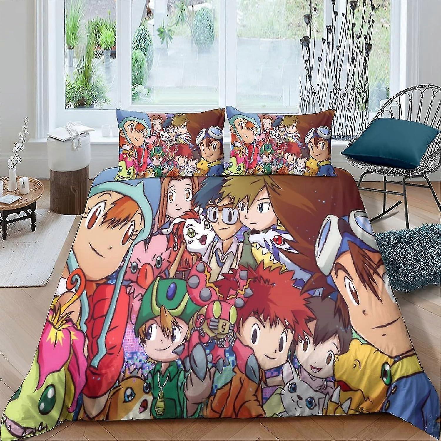 o3698 Lençóis Digimon Capa de Edredão com Fronhas Conjunto de Cama Impresso em 3D Capa de Consolador de Jogo de Anime 3 Pcs com Fecho de Zíper Colcha de Design Exclusivo 