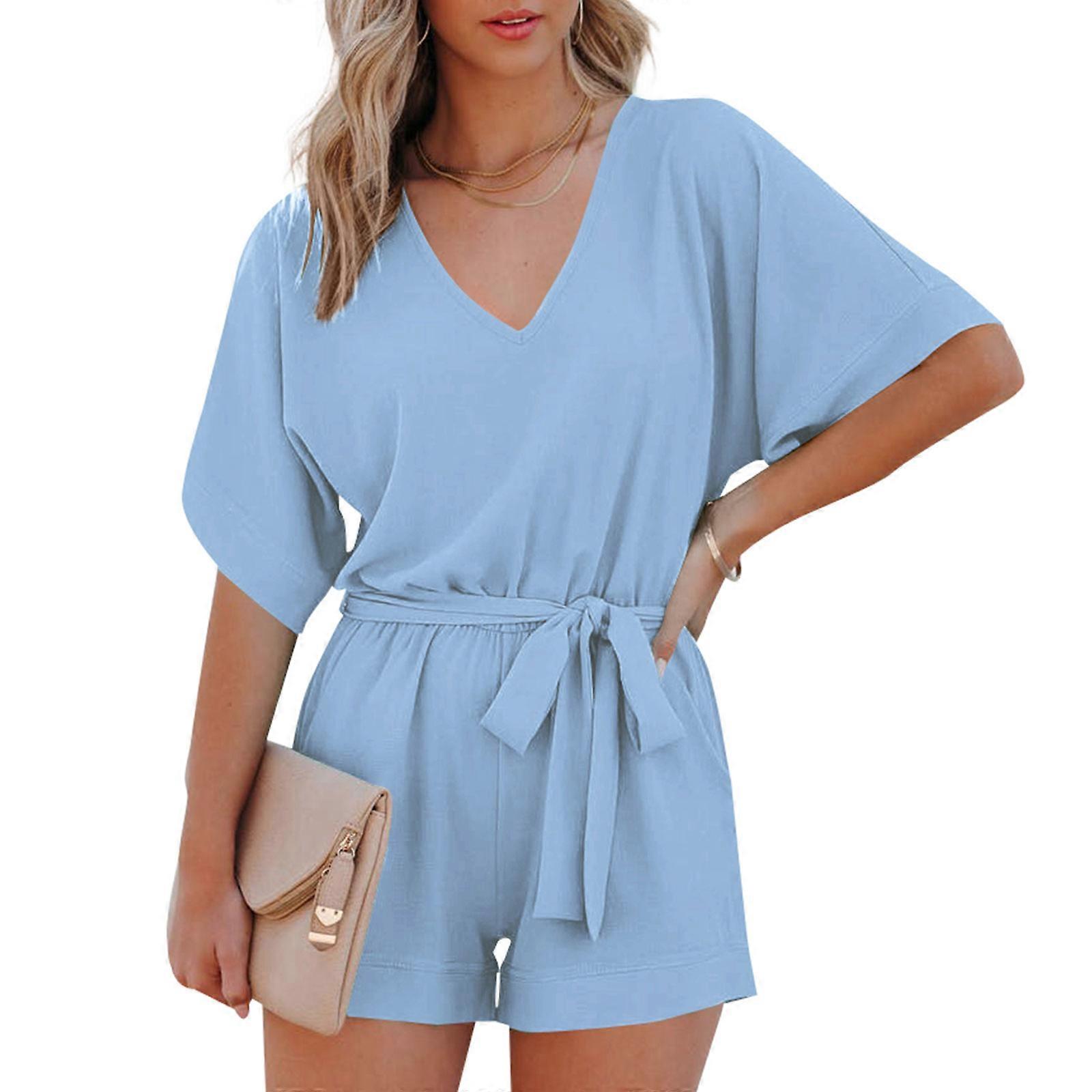 Women Half Bell Sleeve V-Neck Short Pants Jumpsuit Belted Loose Chiffon Rompers