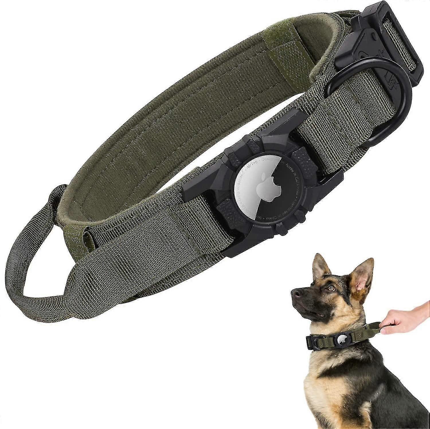 Heavy Duty Tactical Dog Collar Compatible With Air Tag, Military Dog Collar With Air Tag Holder Case And Handle