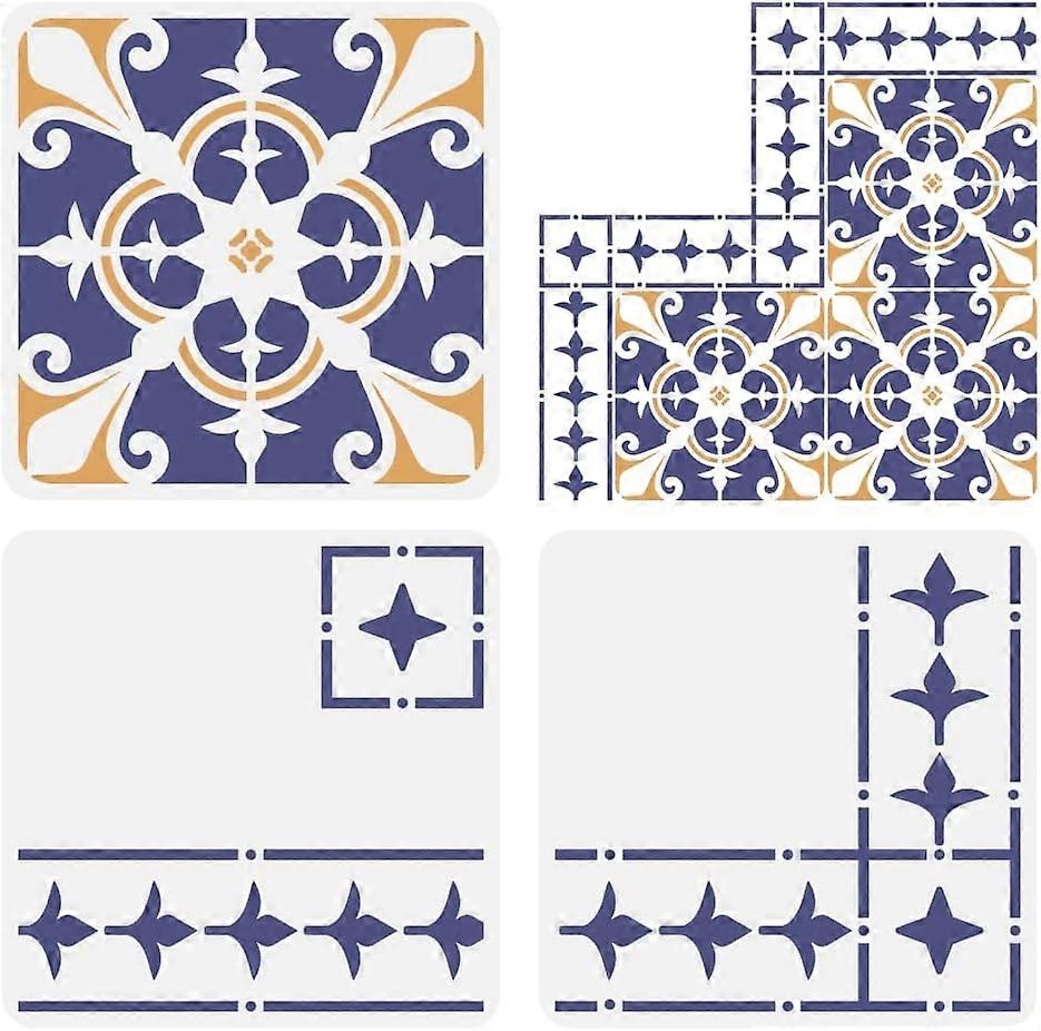 3 Pcs Floor Tile Stencil 11.8x11.8inch Border & Corners Tiles Painting Template Geometric Lily Mandala Pattern Stencil Concrete Stencils for Patio Flo