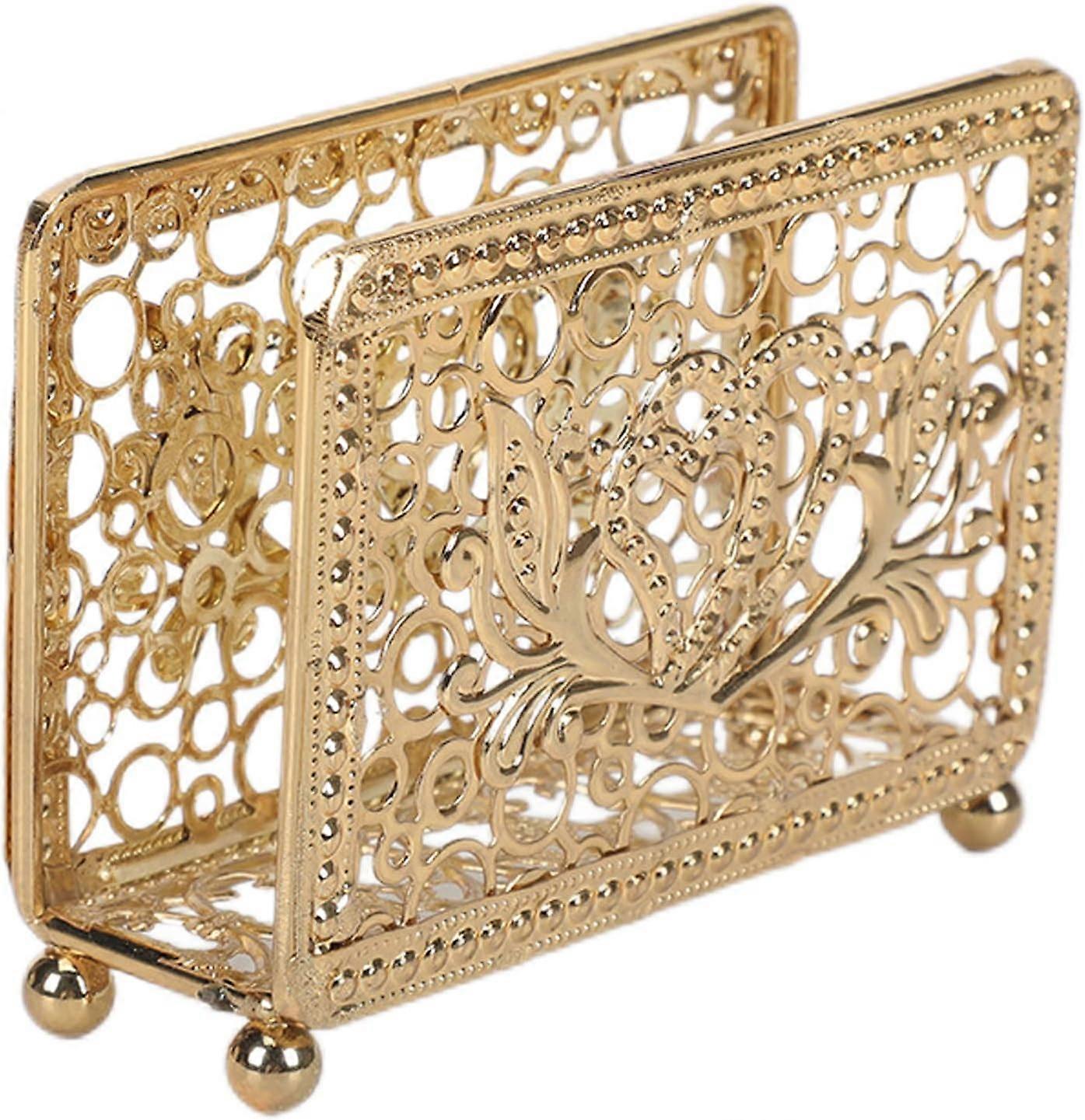 Metal square-shaped Gold Napkin Holder with Flower
