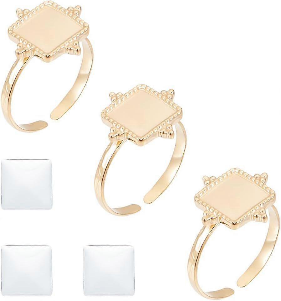 3 Pcs DIY Blank Square Ring Stainless Steel Open Cuff Ring Making Kit Real 14K Gold Plated Golden with Glass Cabochons Rings 17.6mm Base Ring Bezel Tr