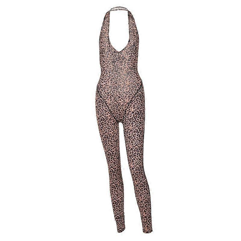 Sexy Halter Backless Deep V Leopard Print Jumpsuit Basics Casual Skinny Leggings Summer Spicy Girl Streetwear