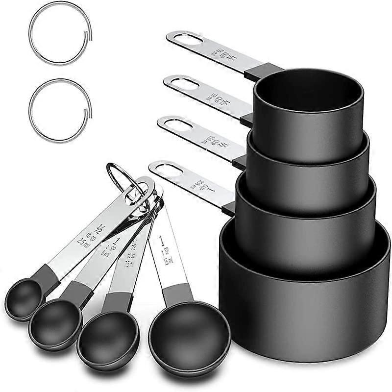 Stackable Measuring Cups & Spoons Set - 8Pcs Nesting Kitchen Gadgets with Stainless Steel Handle (Black)