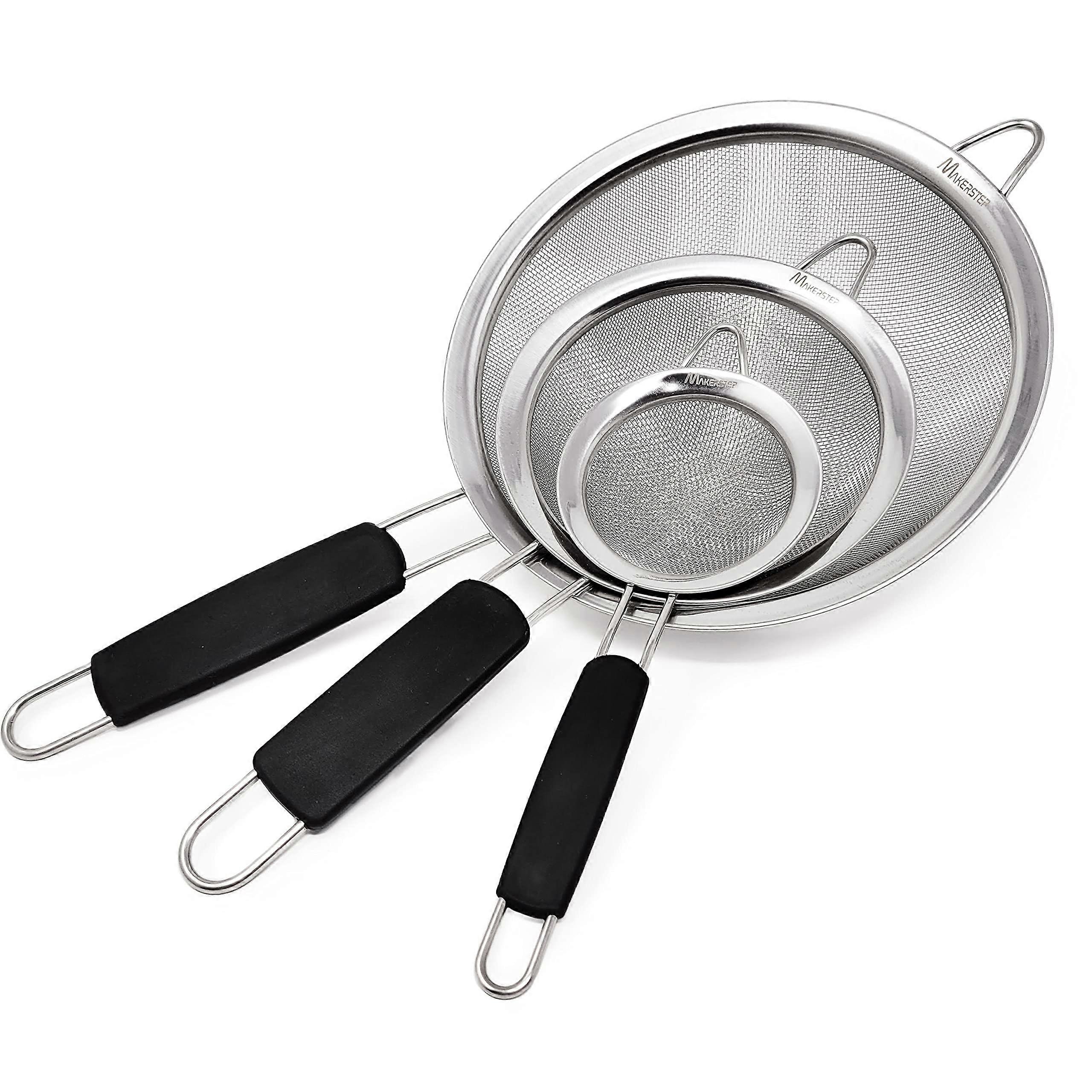 Stainless steel fine mesh strainer set of 3, insulated handles