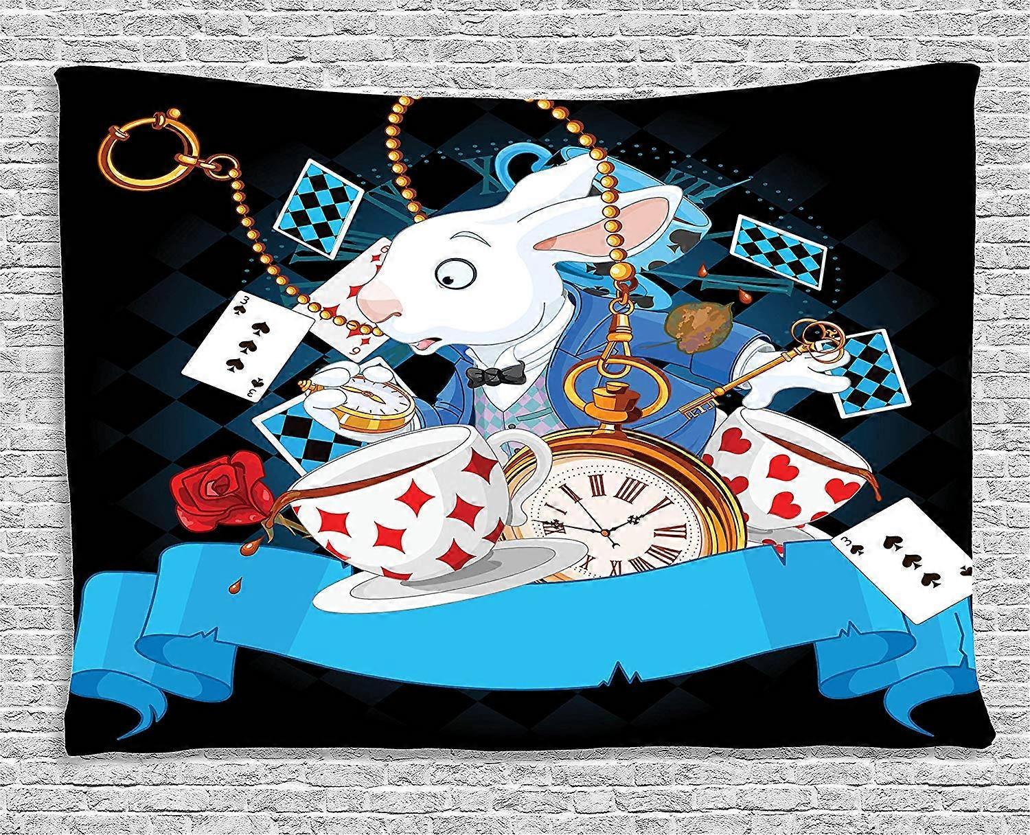 Alice Wonderland Gblen Rabbit Movement Cups Hearts and Flower Character Blanket 80"x60" Black Blue Design