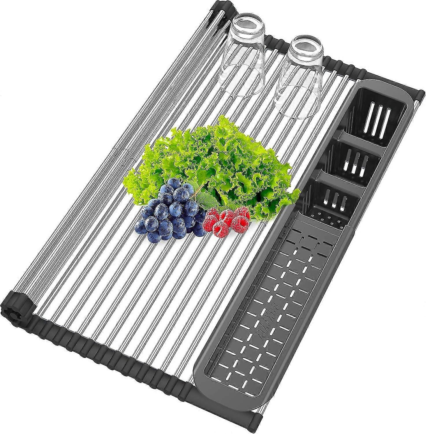 Expandable Roll Up Dish Drying Rack Up To 22.8''with 2 Storage Baskets,over The Sink Kitchen Rolling Up Dish Drainer Dish Drying Rack In Sink, Foldabl