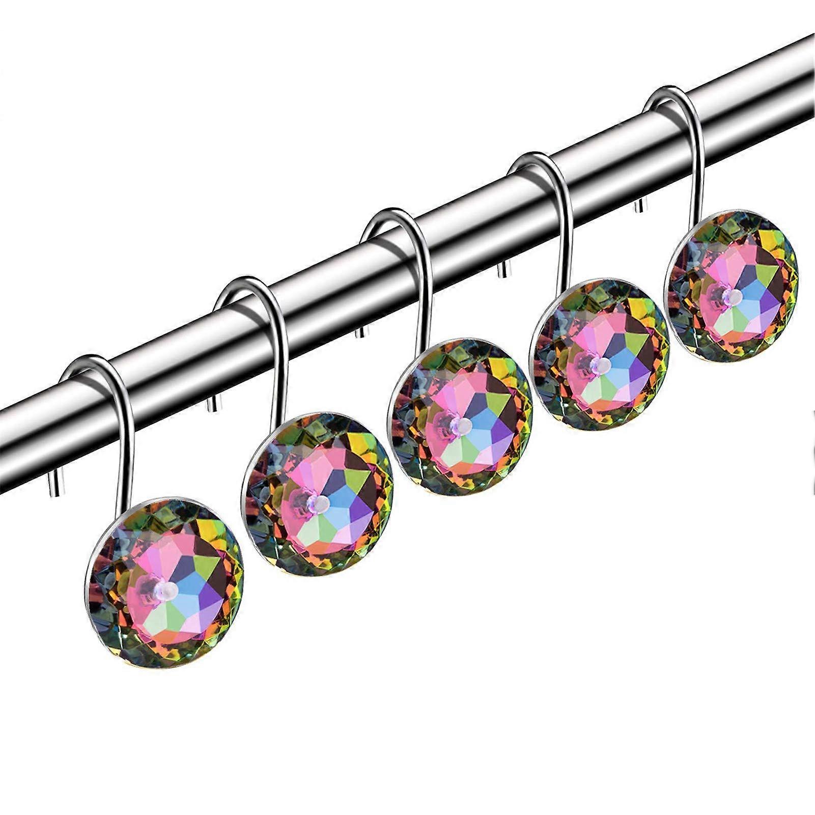 Shower Curtain Hooks 12-Piece Acrylic Decorative Rolling Diamond Rhinestones Rust-Proof Colorful Round For Curtain Rod