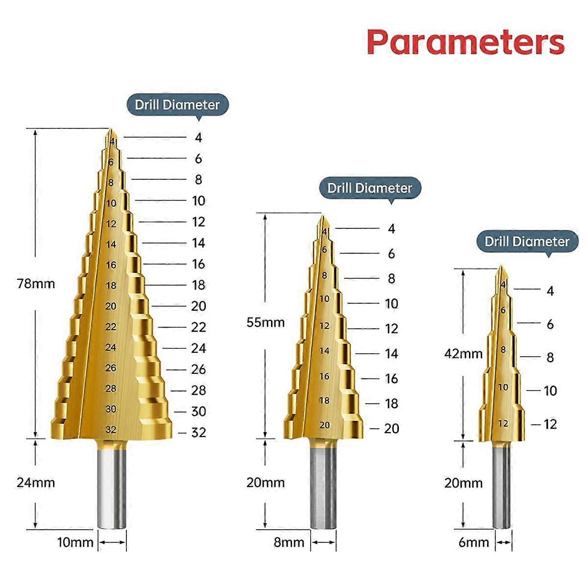 Step Drill Bit Set, 3Pcs Titanium Step Drill Bits, Metric A