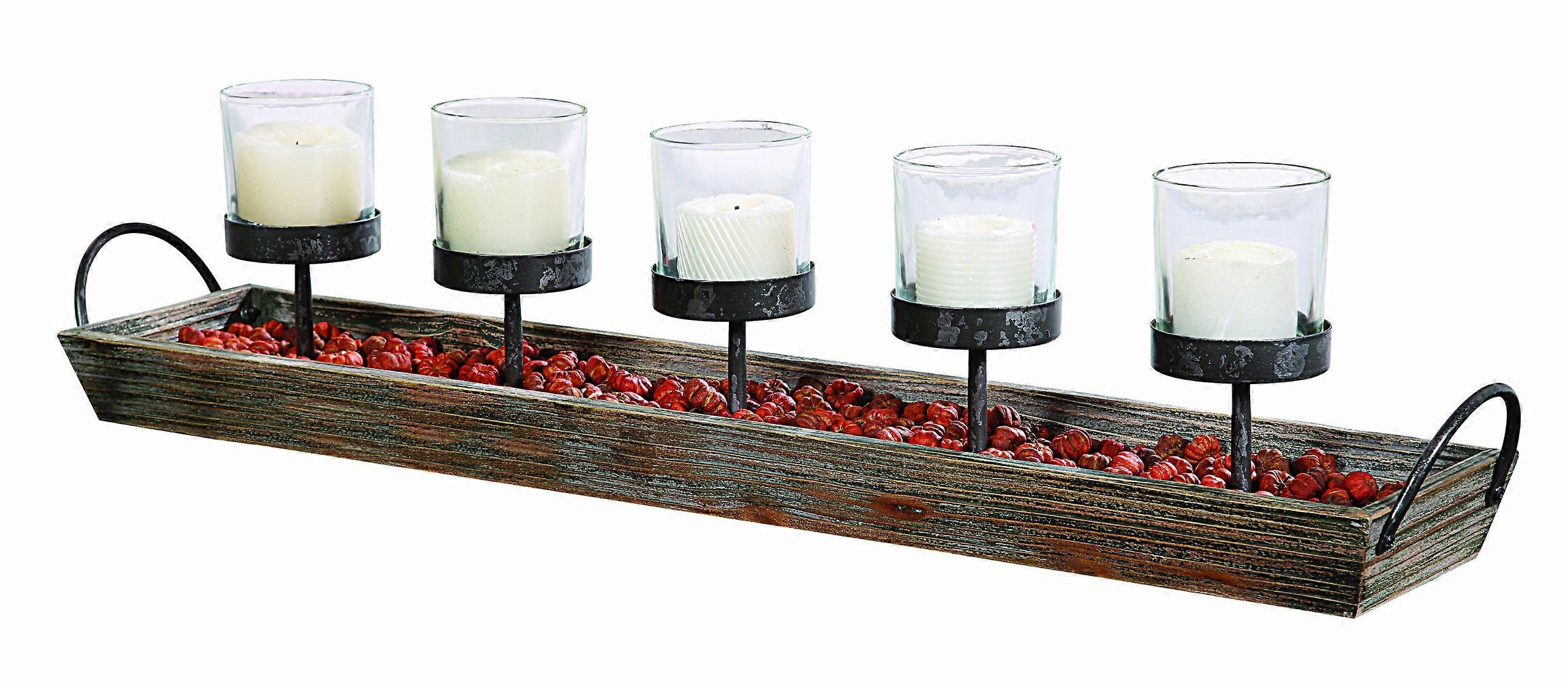 Metal Votive Candle Holders Set of 5 in Rectangular Wood Tray with Handles, Holds Standard Votive Candles