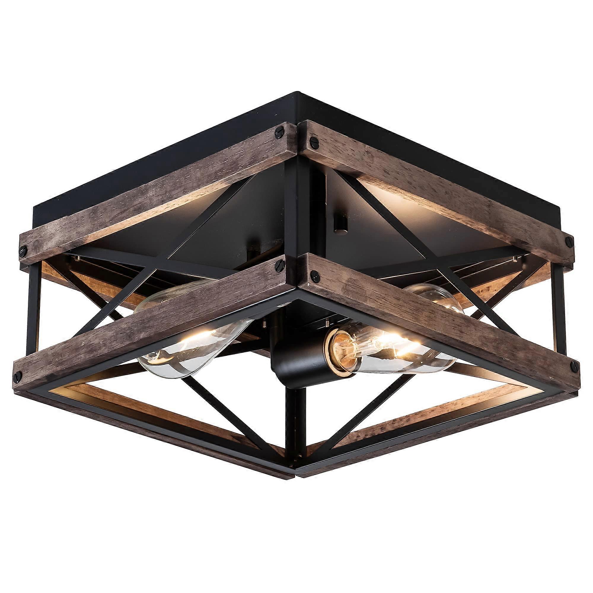 Black Flush Mount Ceiling Light, 2-Light Rustic Farmhouse Fixture with Metal & Wood Frame