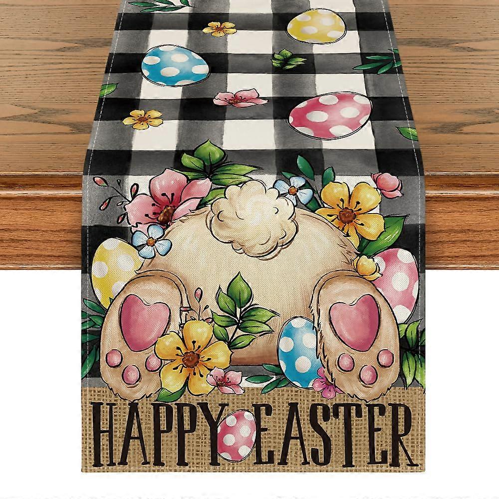 Buffalo Plaid Bunny Egg Flowers Table Runner 13x72 Inch, Spring Kitchen Dining Decor for Easter Home Party