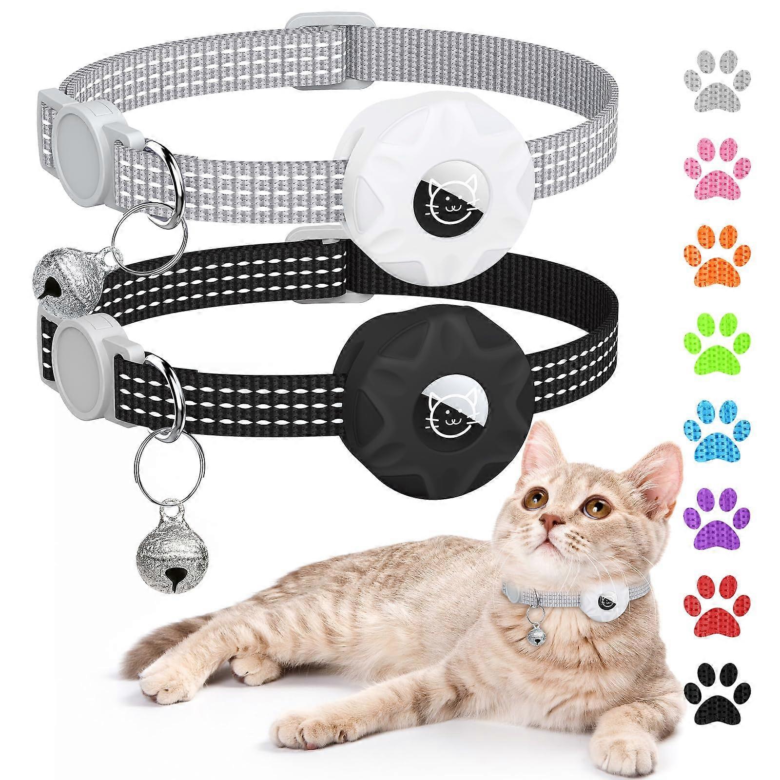 AirTag Cat Collar with Breakaway Feature, Reflective Kitten Collar for GPS Tracking, Lightweight Black/Gray Holder with Bell