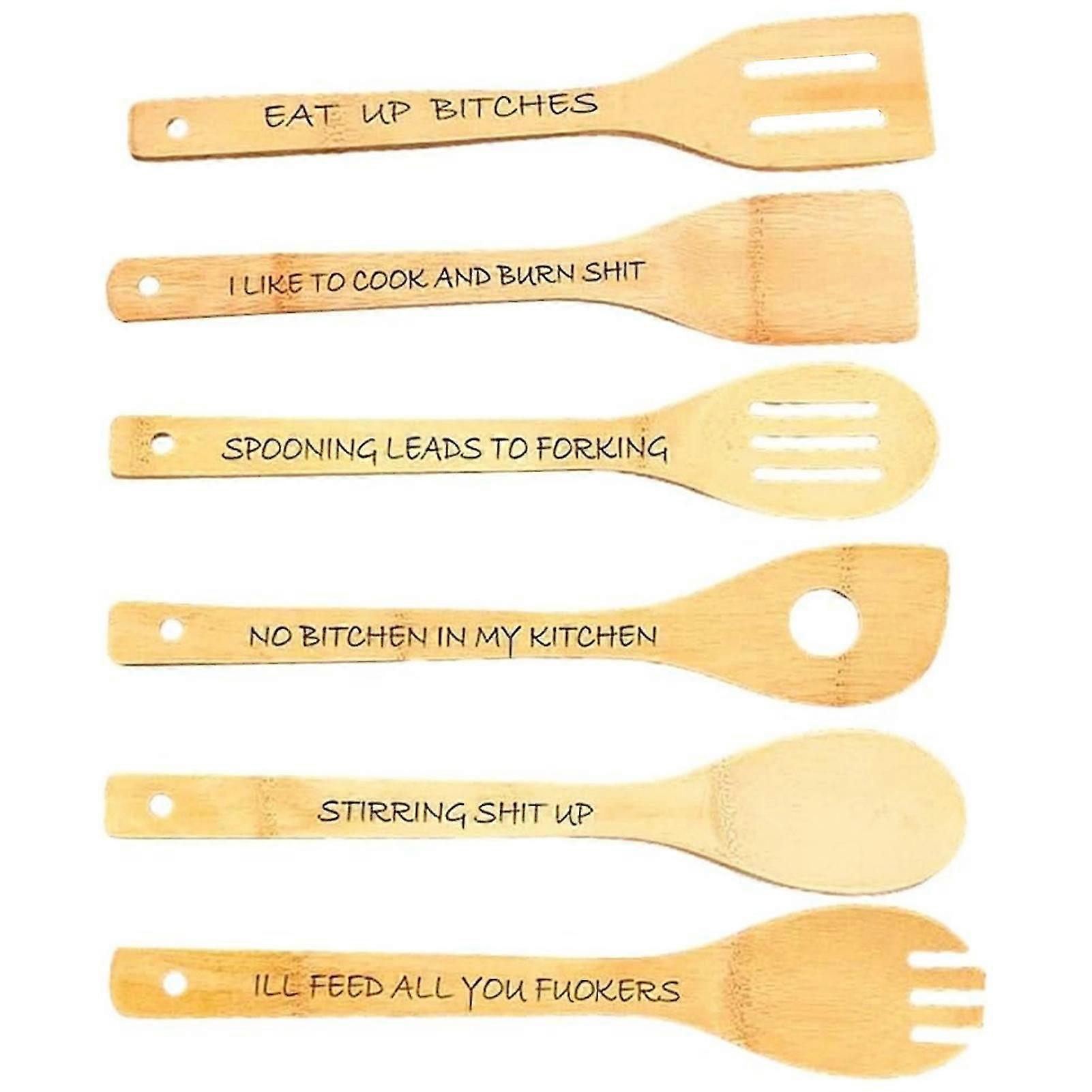 Tyuhe 6Pcs Funny Spatula Set Long Handle with Hanging Hole Letter Printed Engraved Long-lasting Bamboo Wooden Spoons