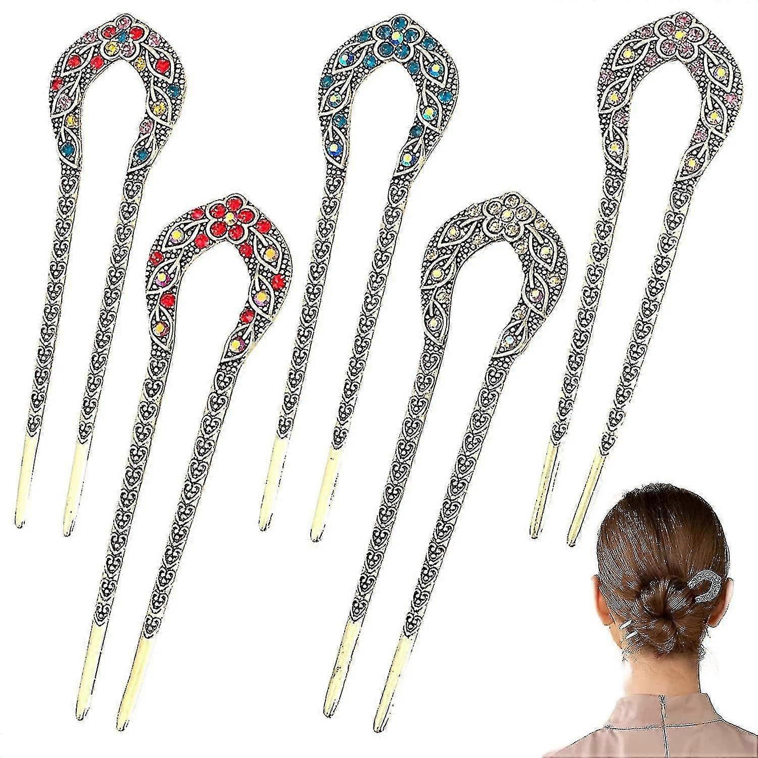 5pcs 핀 빈티지 포크 금속 U 자형 시뇽 핀, 여성 소녀를 위한 이중 갈래 핀