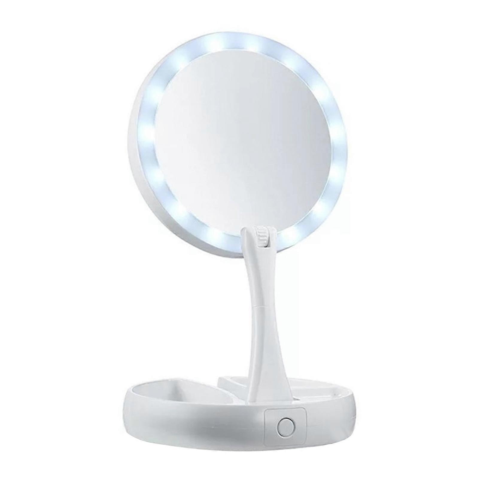LED Makeup Mirror Foldable Storage Round Shape Lighting Mirror for Home Travel Use White