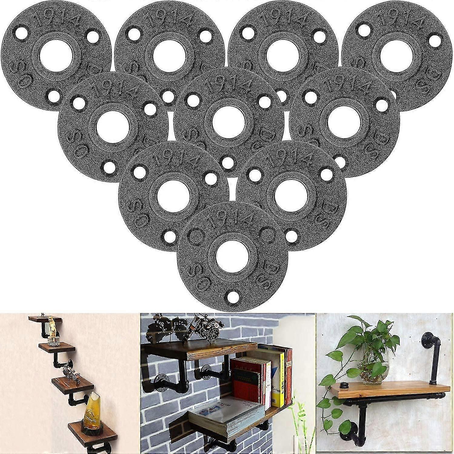 10pcs 1/2" Black Cast Iron Floor Flange, Threaded Industrial Pipe Fitting with 3 Holes