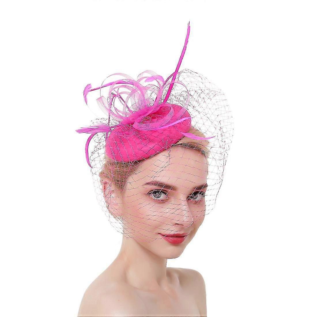 سيدة Fascinators زهرة عقال الشعر كليب، بيلبوكس قبعة مع الحجاب والريشة، خمر كنتاكي ديربي