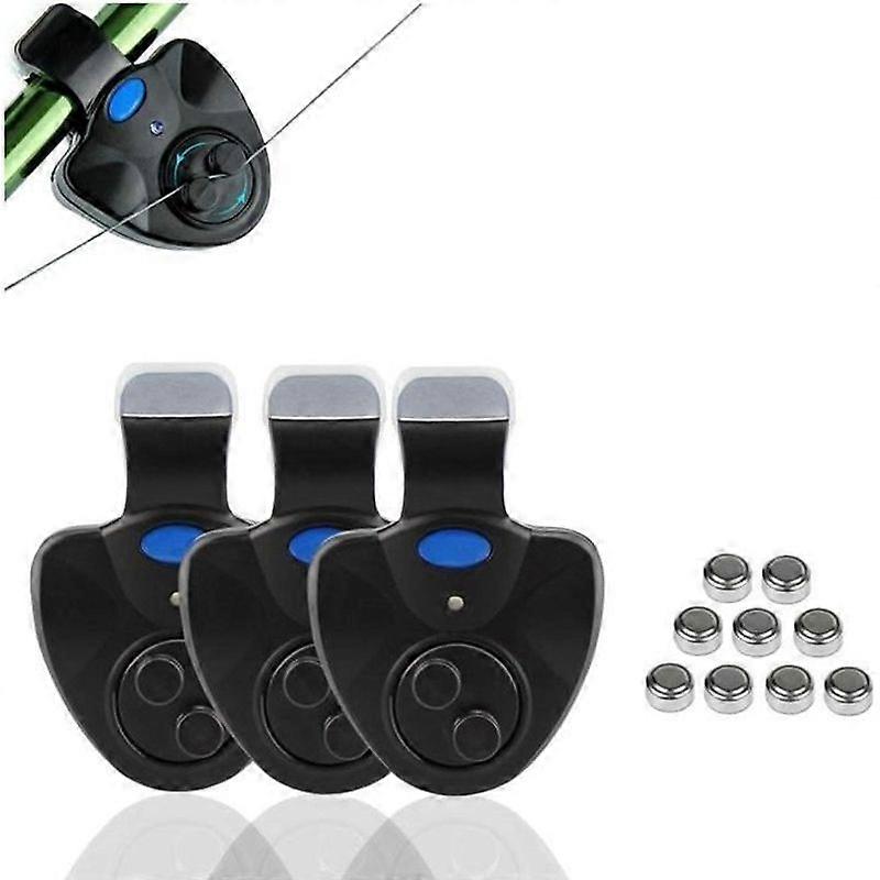 Set of 3 electronic bite alarms with LED light and sound alarm to clip on fishing rod